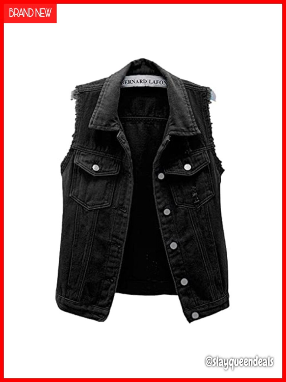 Sleeveless Button Up Denim Vest Turn-Down Collar Frayed Trim Women's